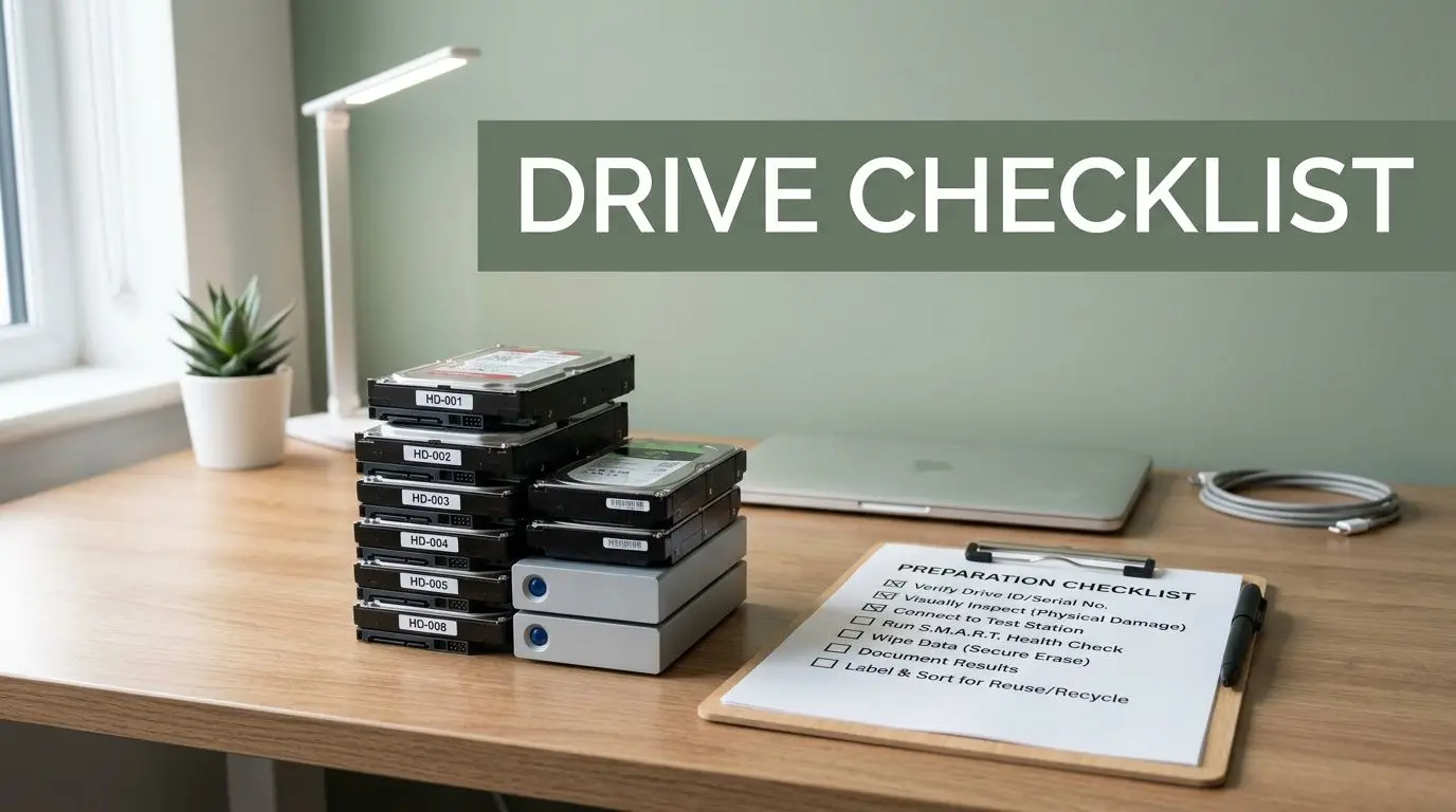 A stack of organized hard drives on a desk next to a preparation checklist and laptop.