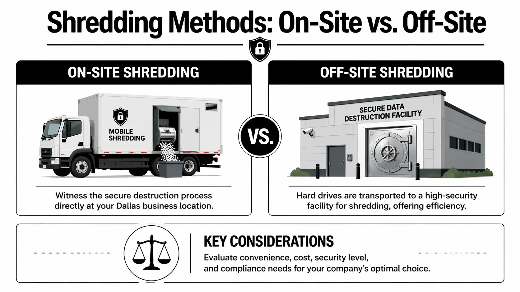 An infographic comparing on-site mobile truck shredding with off-site secure facility hard drive destruction services.