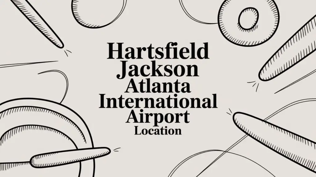 Text in the center reads "Hartsfield Jackson Atlanta International Airport Location" surrounded by black and white sketches of airplanes and airport runways on a light background.