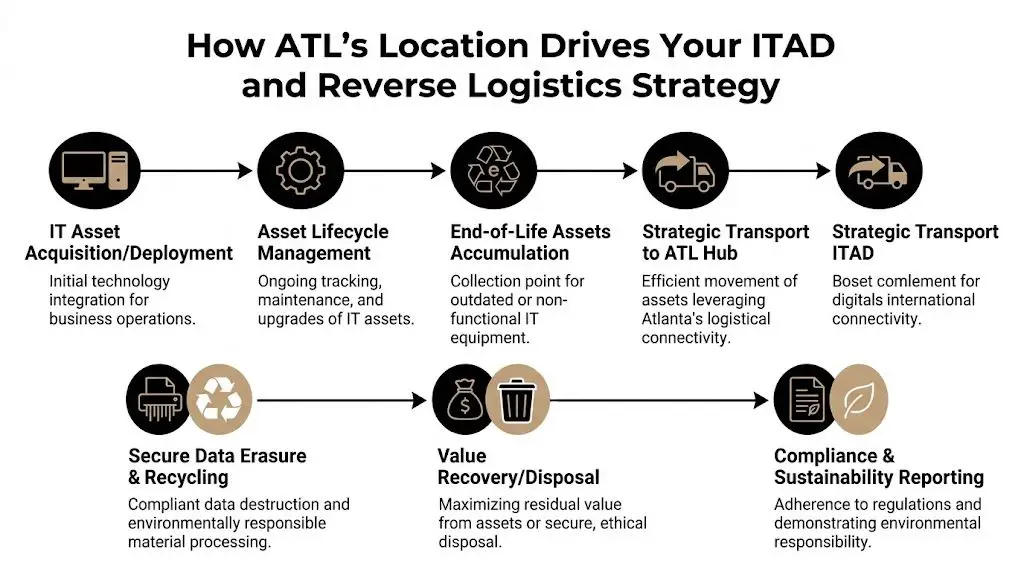 A process flow chart illustrating how an Atlanta location optimizes IT asset disposition and reverse logistics strategies.