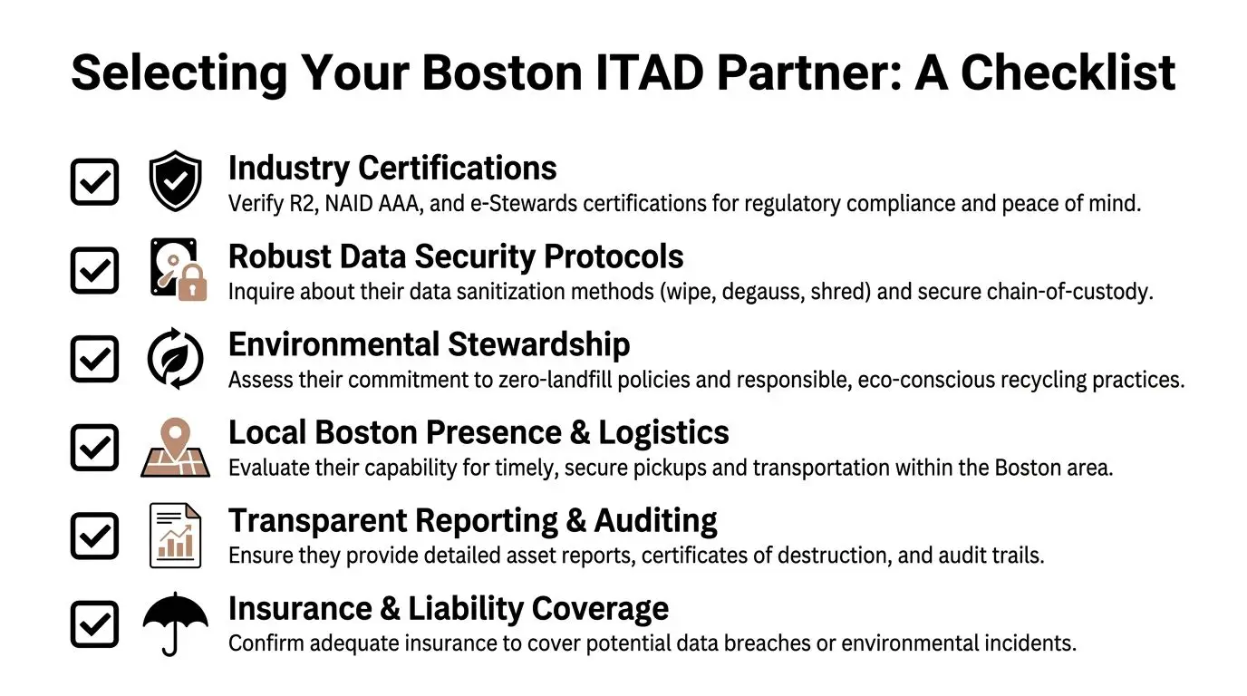 A checklist for selecting an IT asset disposal partner in Boston, highlighting key compliance and security standards.
