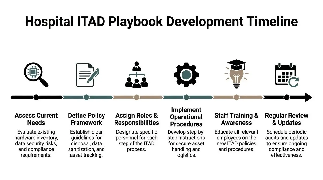 A timeline graphic showing six steps to develop a hospital IT Asset Disposal (ITAD) playbook and strategy.