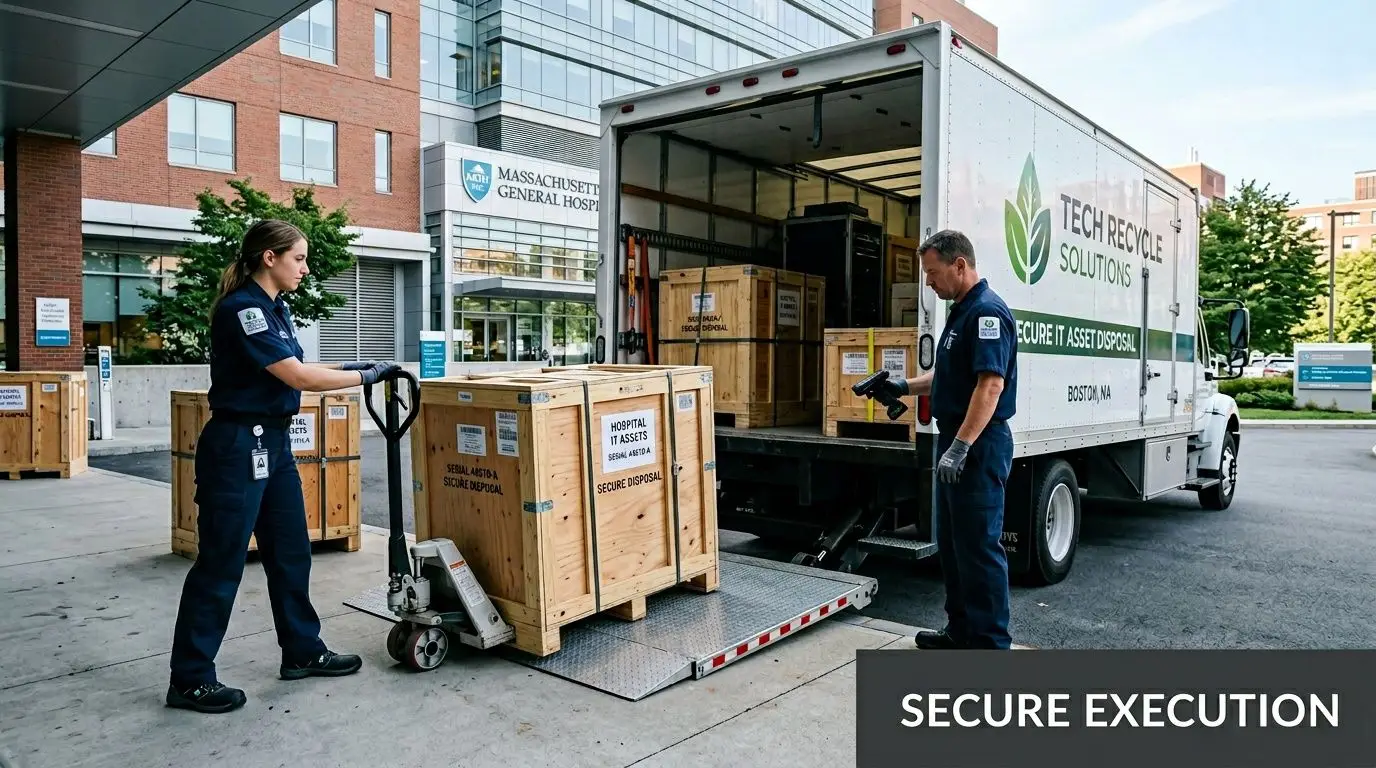 Workers loading wooden crates of hospital IT assets into a Tech Recycle Solutions truck at Massachusetts General Hospital.