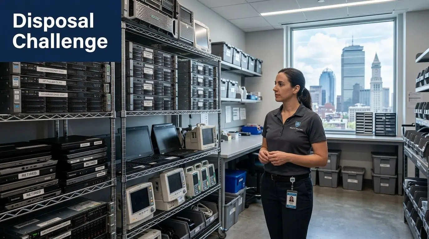 A professional IT manager standing in a hospital server room with Boston skyline in the background.