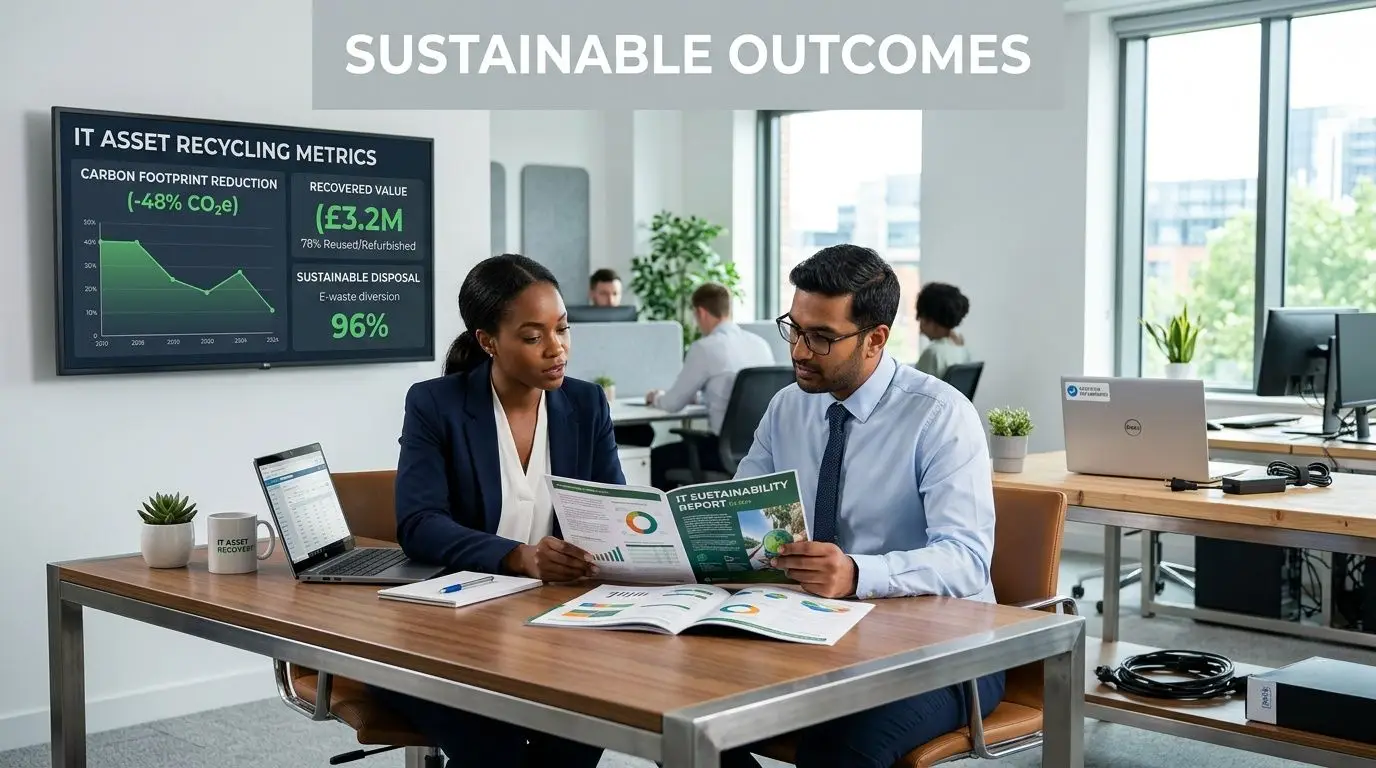 Two professionals reviewing an IT sustainability report in a modern office with metrics on the wall screen.
