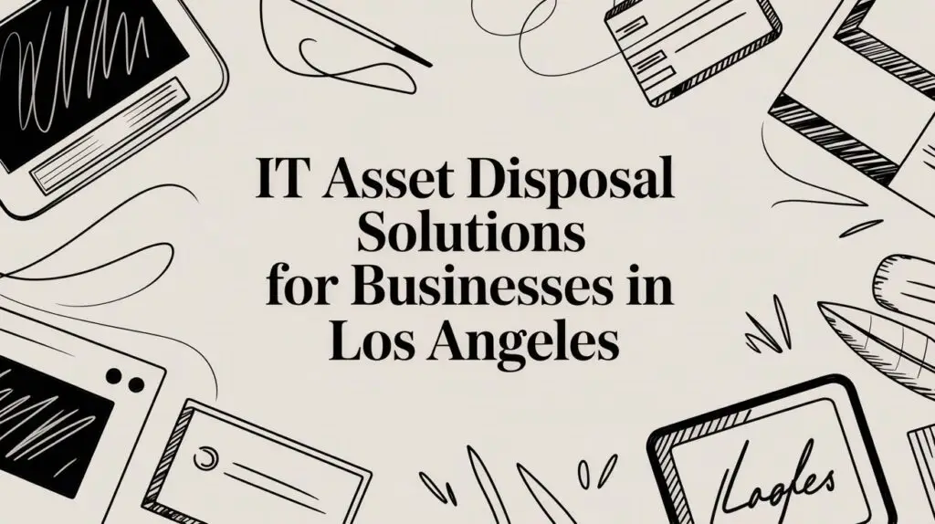 Text reads "IT Asset Disposal Solutions for Businesses in Los Angeles" with illustrated electronics, credit cards, and devices surrounding the text on a light background.