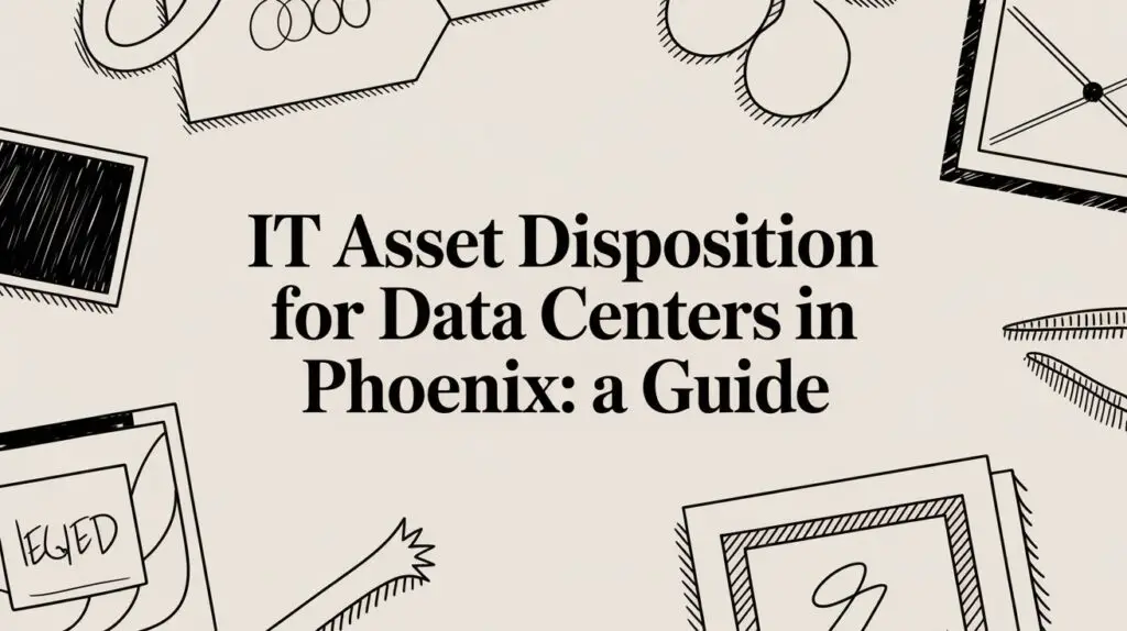 Text reading "IT Asset Disposition for Data Centers in Phoenix: a Guide" is centered on a beige background with abstract black and white sketches of office items in the corners.