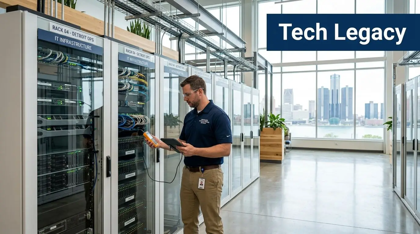 A technician testing IT server hardware in a modern data center with a Detroit city skyline view.