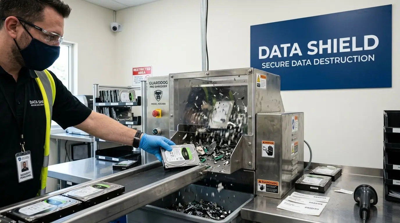 A technician wearing safety gear feeds a hard drive into an industrial shredder for secure data destruction.