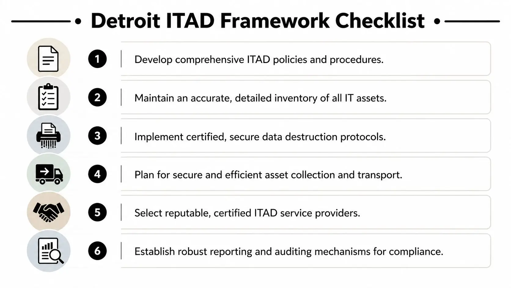 A six-step Detroit ITAD framework checklist outlining essential processes for secure IT asset disposition and management.