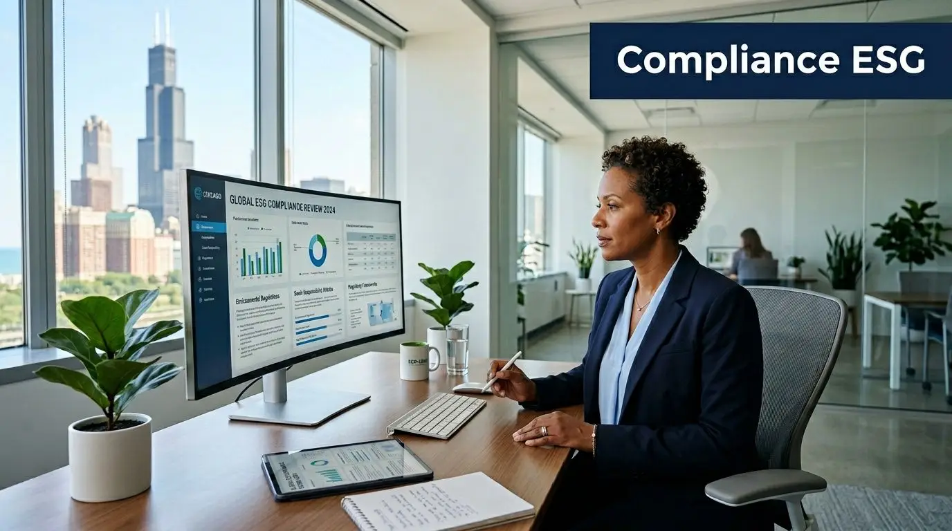 A professional woman reviewing ESG compliance data on her computer in a modern Chicago office overlooking skyscrapers.