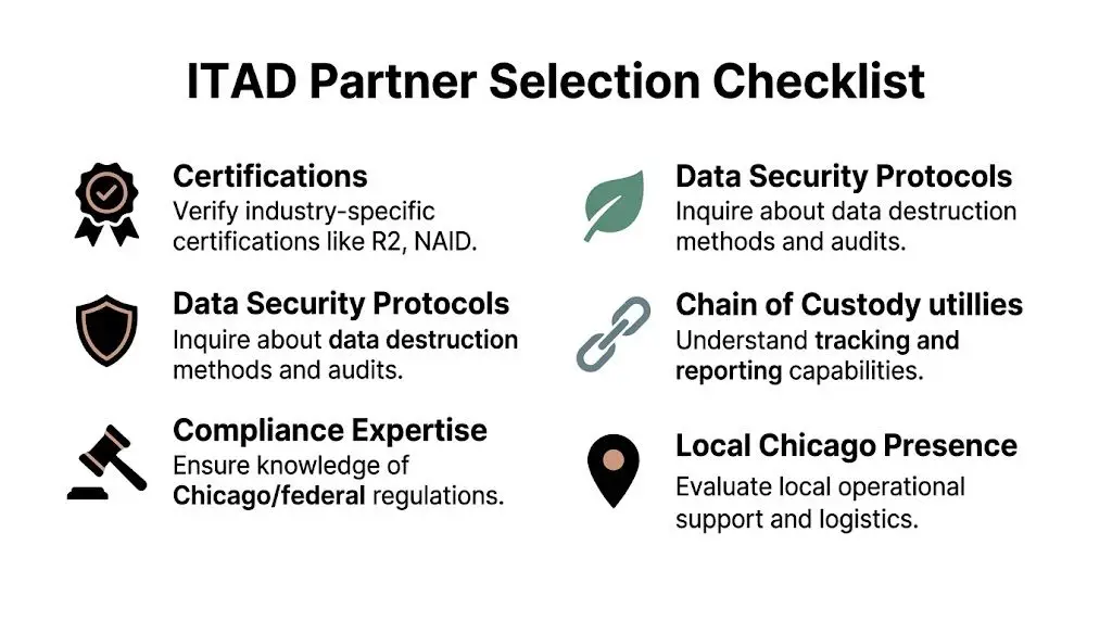 An infographic checklist for selecting an ITAD partner, highlighting certifications, data security, and local Chicago presence.