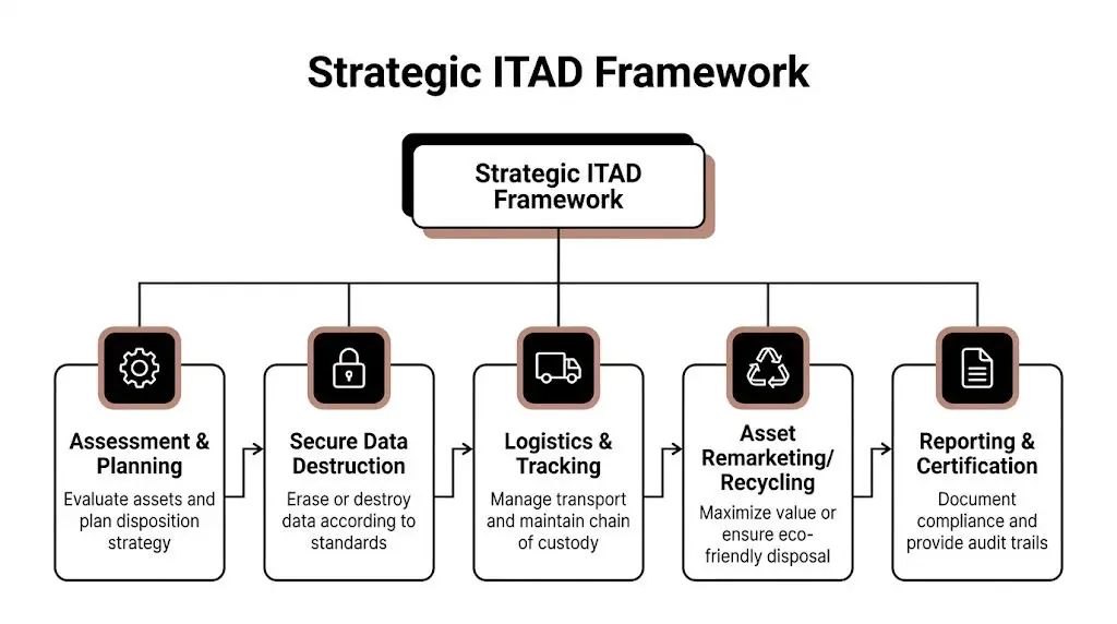 A diagram illustrating a strategic ITAD framework involving assessment, secure data destruction, logistics, remarketing, and reporting.
