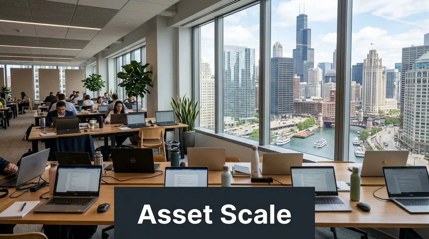 A professional office workspace in Chicago featuring desks, laptops, and a scenic city skyline view.