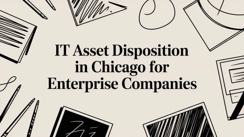 Text on a beige background reads "IT Asset Disposition in Chicago for Enterprise Companies," surrounded by black-and-white sketches of office items like papers, pens, and notebooks.