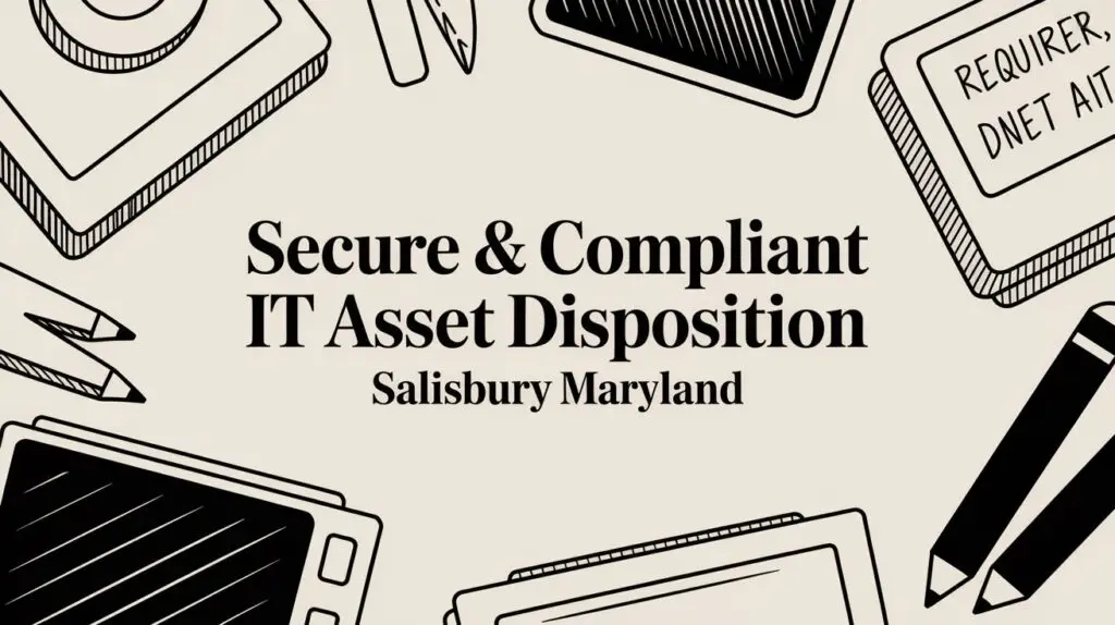 Illustrated image with electronics and pencils framing the text "Secure & Compliant IT Asset Disposition, Salisbury Maryland.