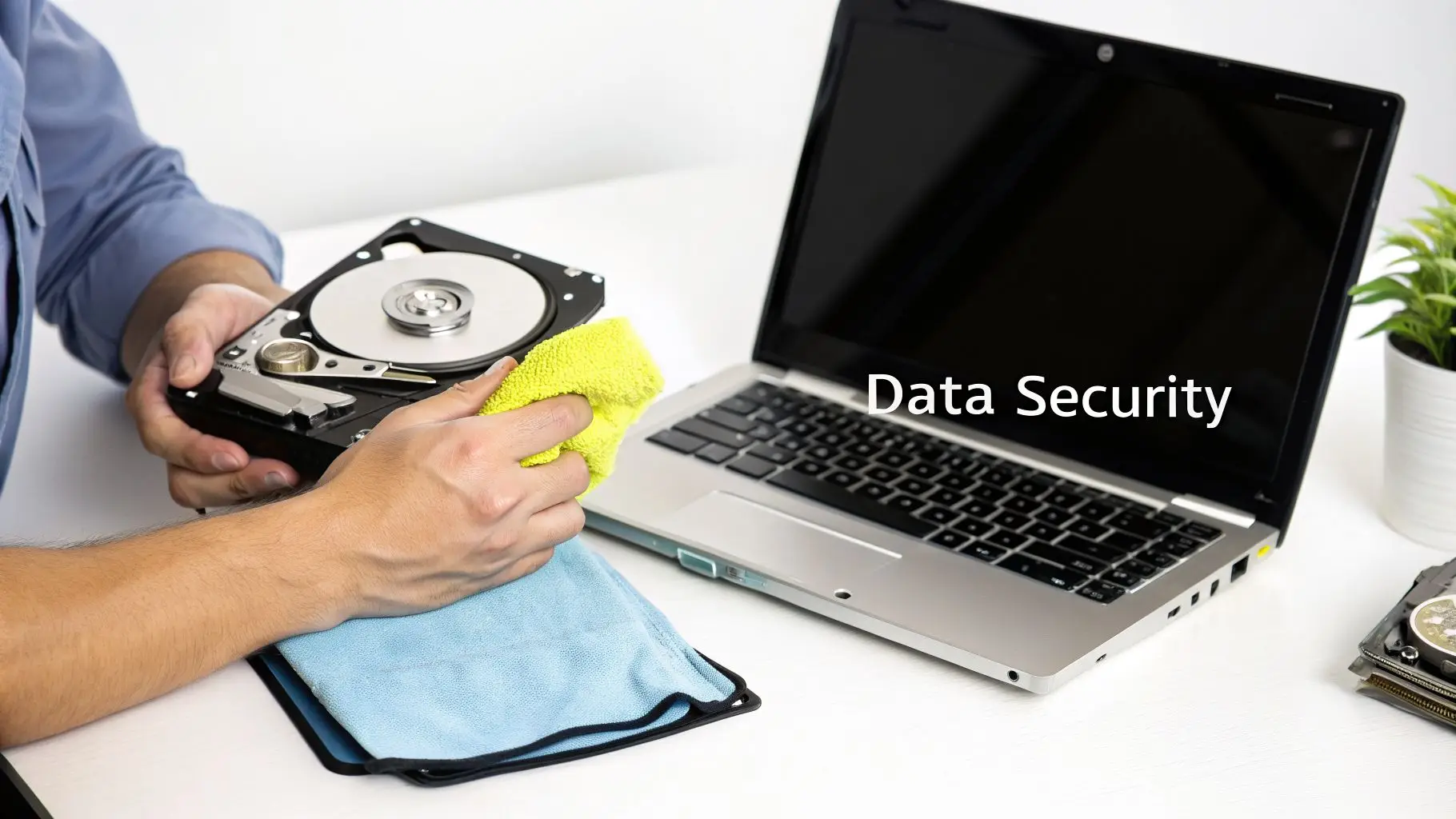 A person cleaning an open hard drive with a yellow cloth, next to a laptop displaying "Data Security."