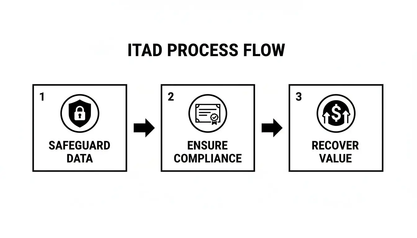 A three-step ITAD process flow diagram showing safeguarding data, ensuring compliance, and recovering value.
