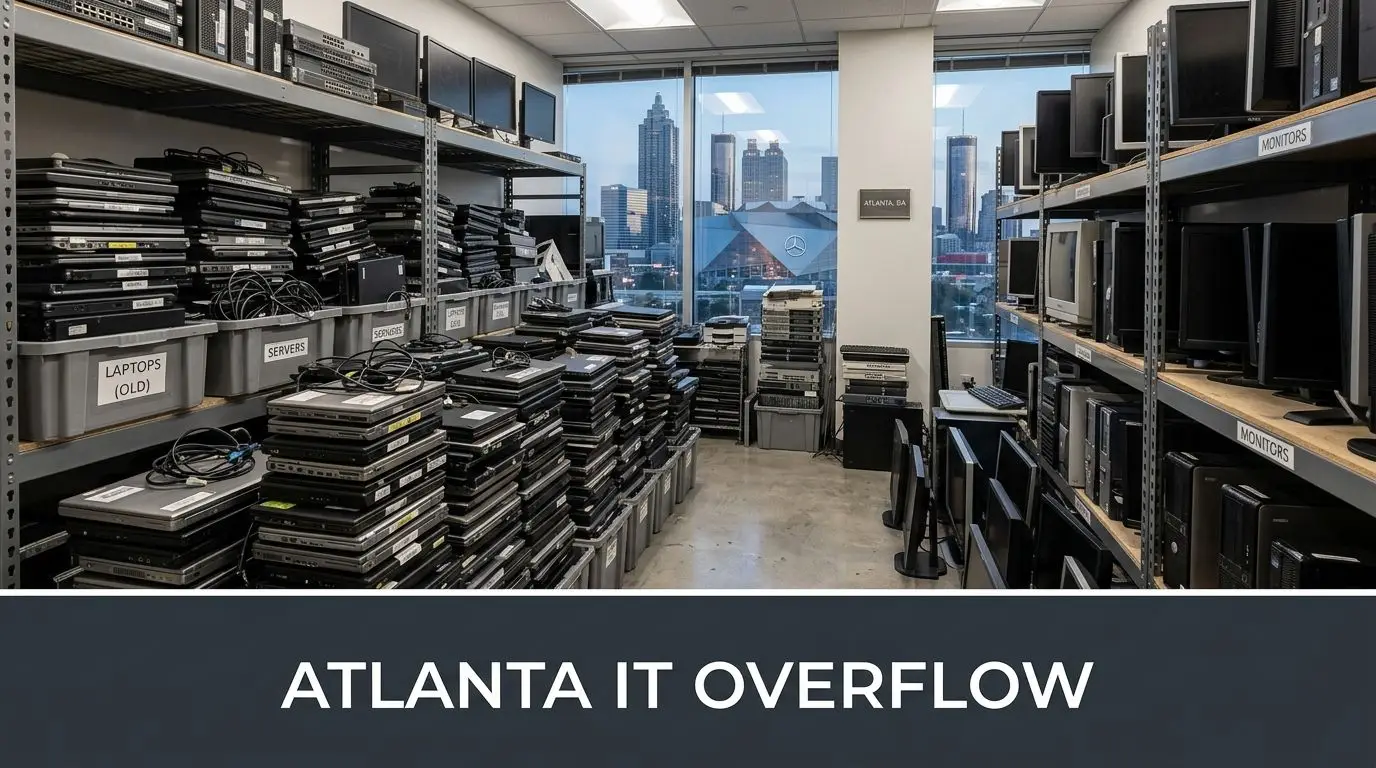 A storage room filled with stacks of old laptops, computer servers, and monitors for IT asset management.