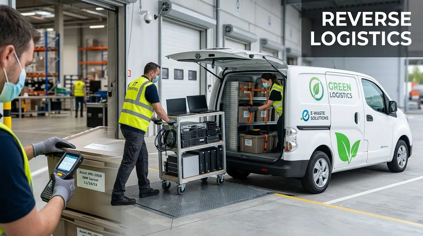 Professional team in masks loading servers and electronics into a Green Logistics van for recycling.