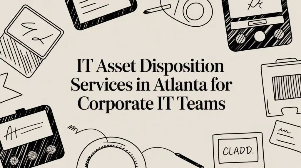 Illustration with text "IT Asset Disposition Services in Atlanta for Corporate IT Teams" surrounded by drawn images of electronics and office items like floppy disks, computers, and ID badges.