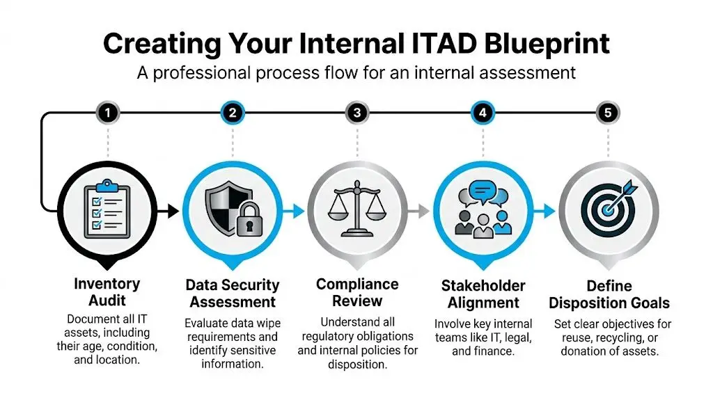 A five-step process diagram illustrating a professional internal IT asset disposition assessment for corporate teams.