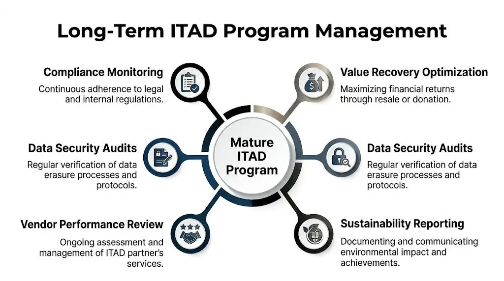 A diagram illustrating the key components of a mature long-term IT Asset Disposition (ITAD) program management strategy.