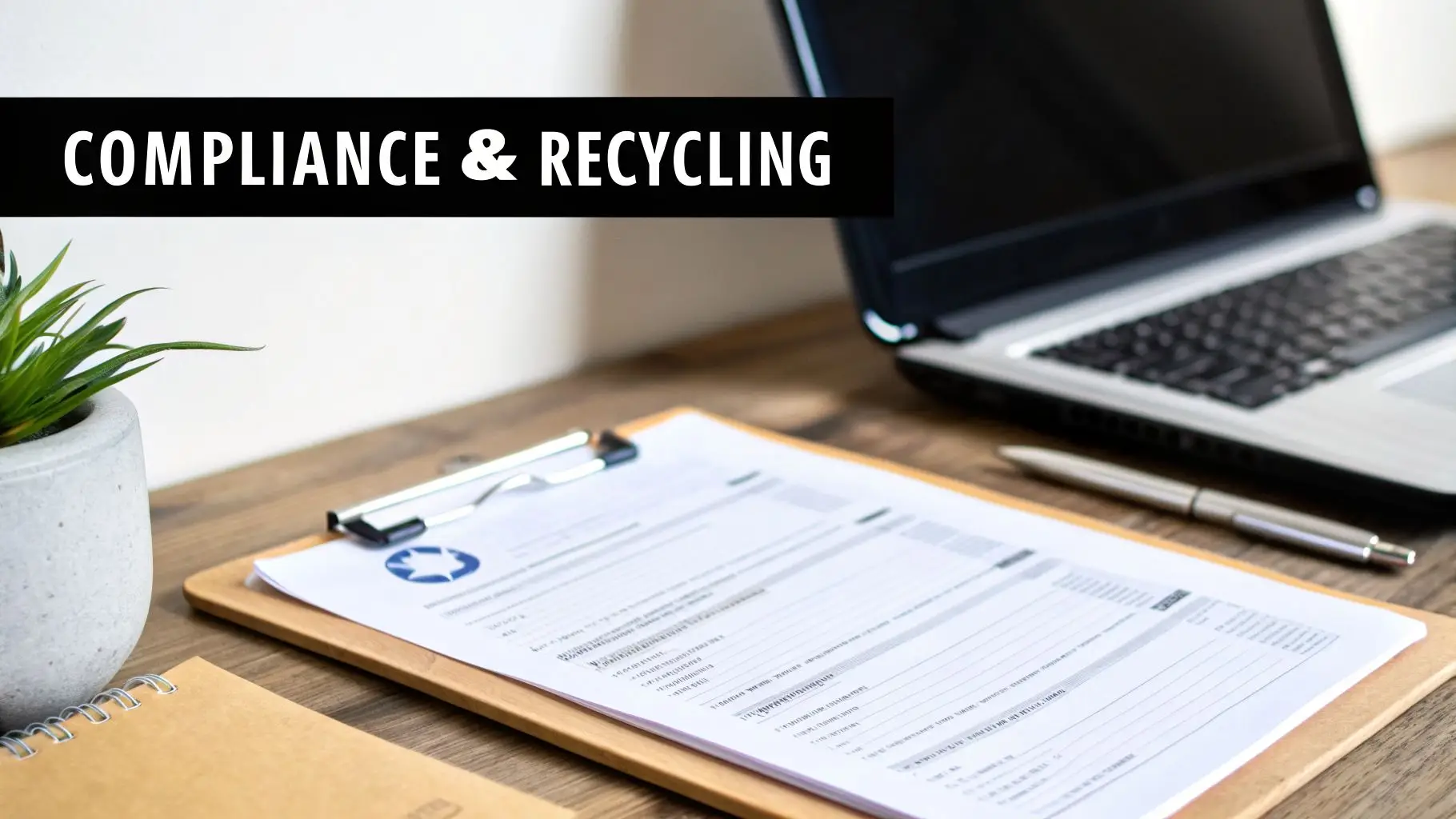 Desk with laptop, papers, and plant, highlighting 'COMPLIANCE & RECYCLING' banner, signifying responsible practices.