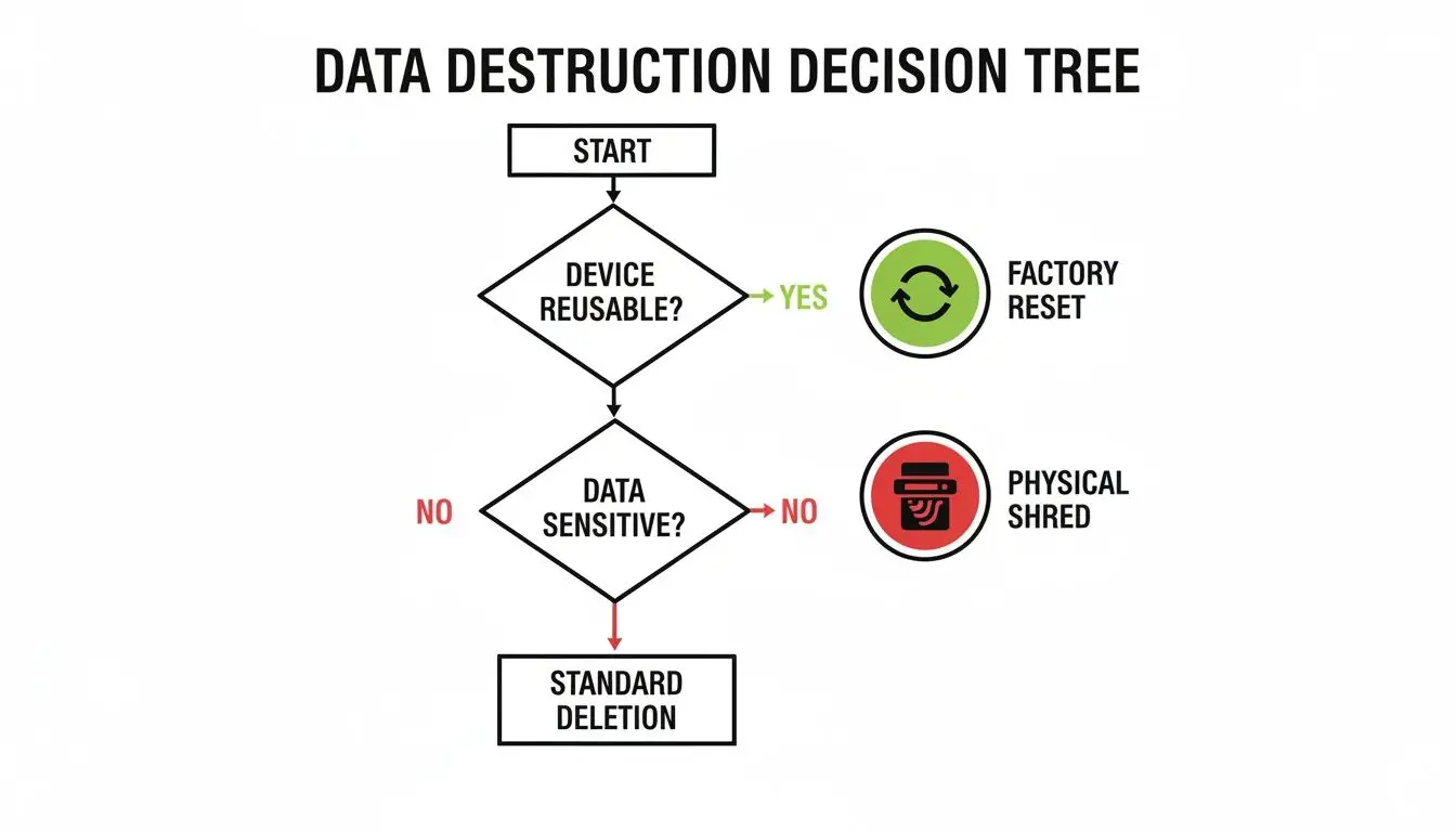 Data destruction decision tree flowchart showing steps for device reusability and data sensitivity.