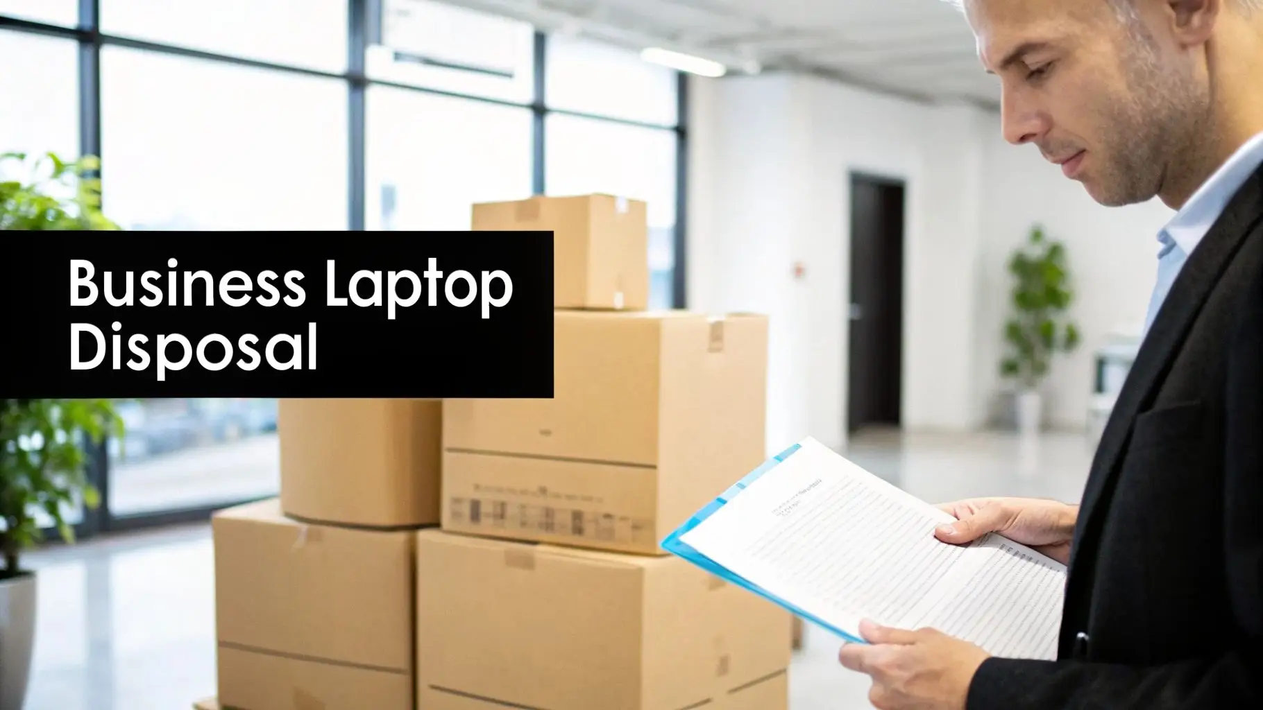 A man in a suit reviews documents next to stacks of boxes, with text 'Business Laptop Disposal' overlay.
