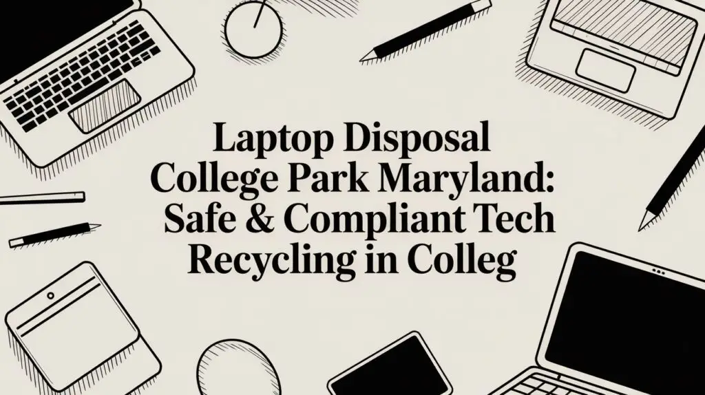 Illustrated background with laptops, tablets, and writing tools surrounds the text "Laptop Disposal College Park Maryland: Safe & Compliant Tech Recycling in Colleg.