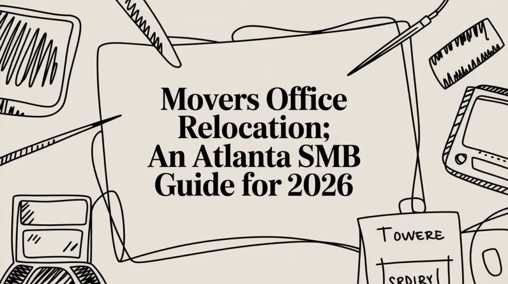 Illustrated office supplies surround bold text: "Movers Office Relocation; An Atlanta SMB Guide for 2026" on a beige background. The border is decorated with doodles of computers, papers, and office items.