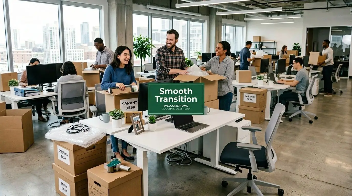 A diverse group of colleagues happily packing up and moving into their modern, new office workspace.