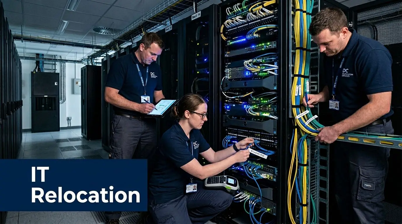 IT professionals wearing company shirts working in a data center server room during an office relocation project.