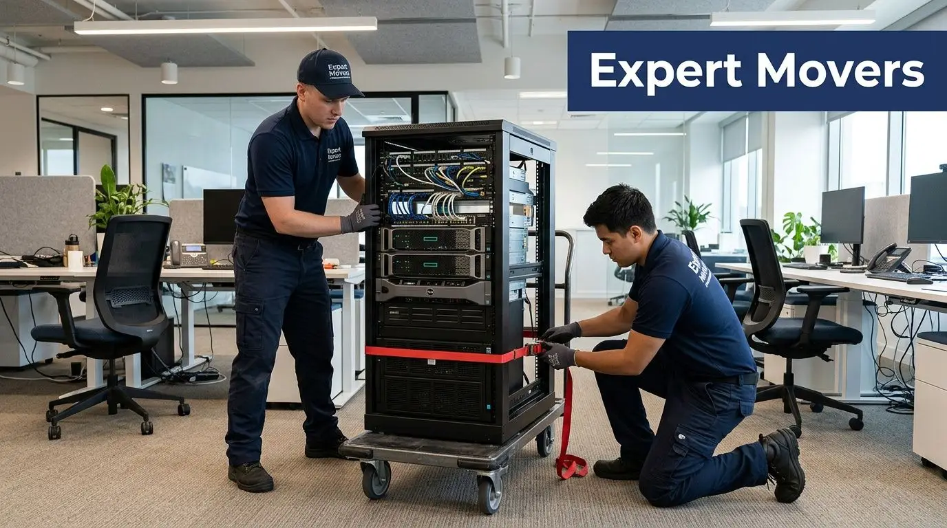 Two professional movers in uniforms carefully securing a server rack onto a dolly for office relocation.