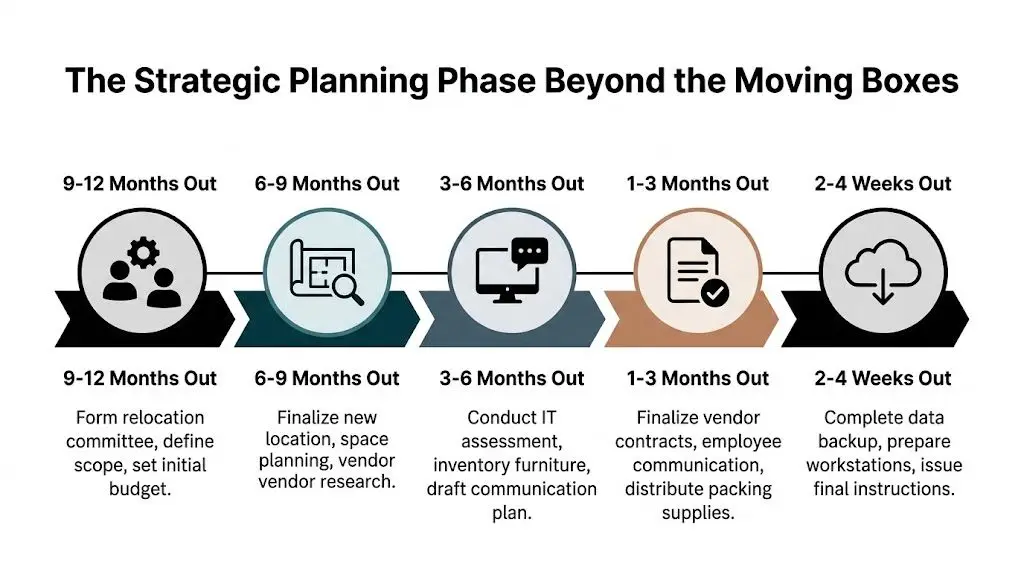 A timeline graphic showing strategic office relocation planning steps from 12 months out to 2 weeks out.