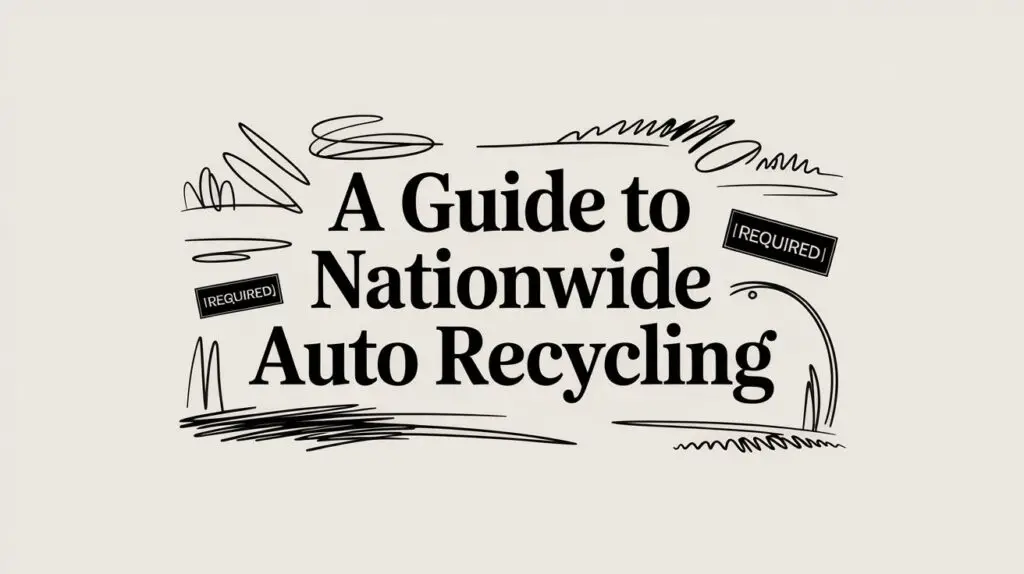 Text reading "A Guide to Nationwide Auto Recycling" with black line doodles and several "REQUIRED" labels on a light background.