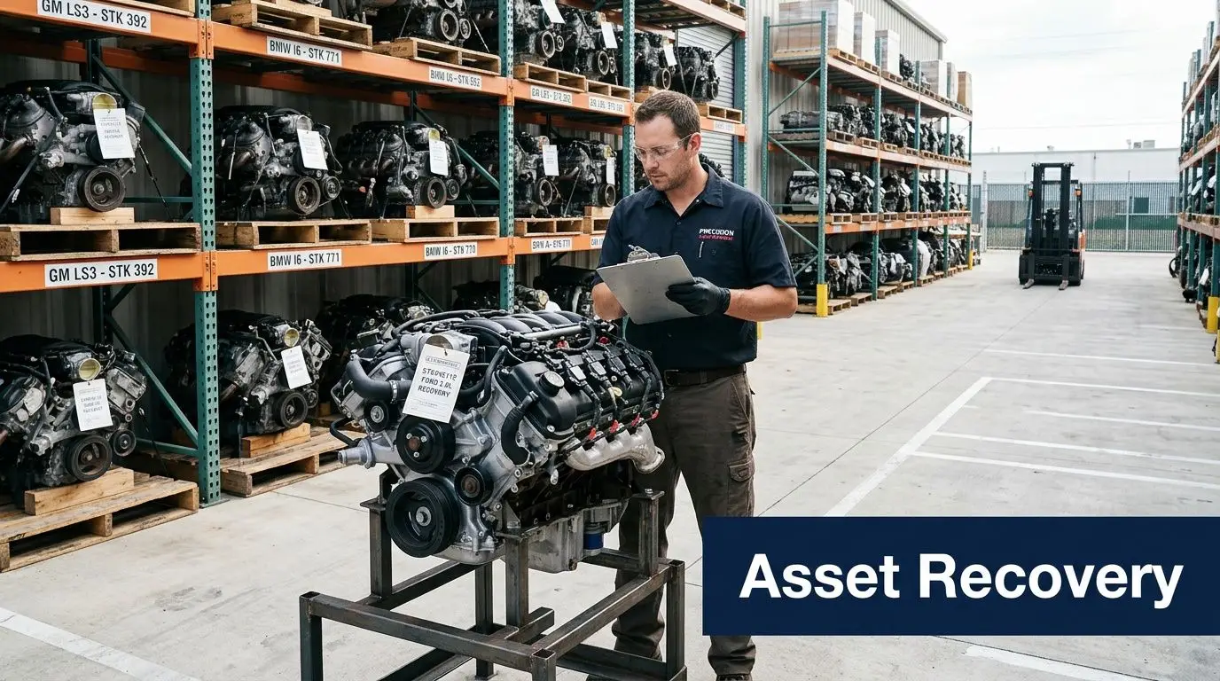 Man inspecting a car engine in an organized auto parts warehouse, emphasizing asset recovery.