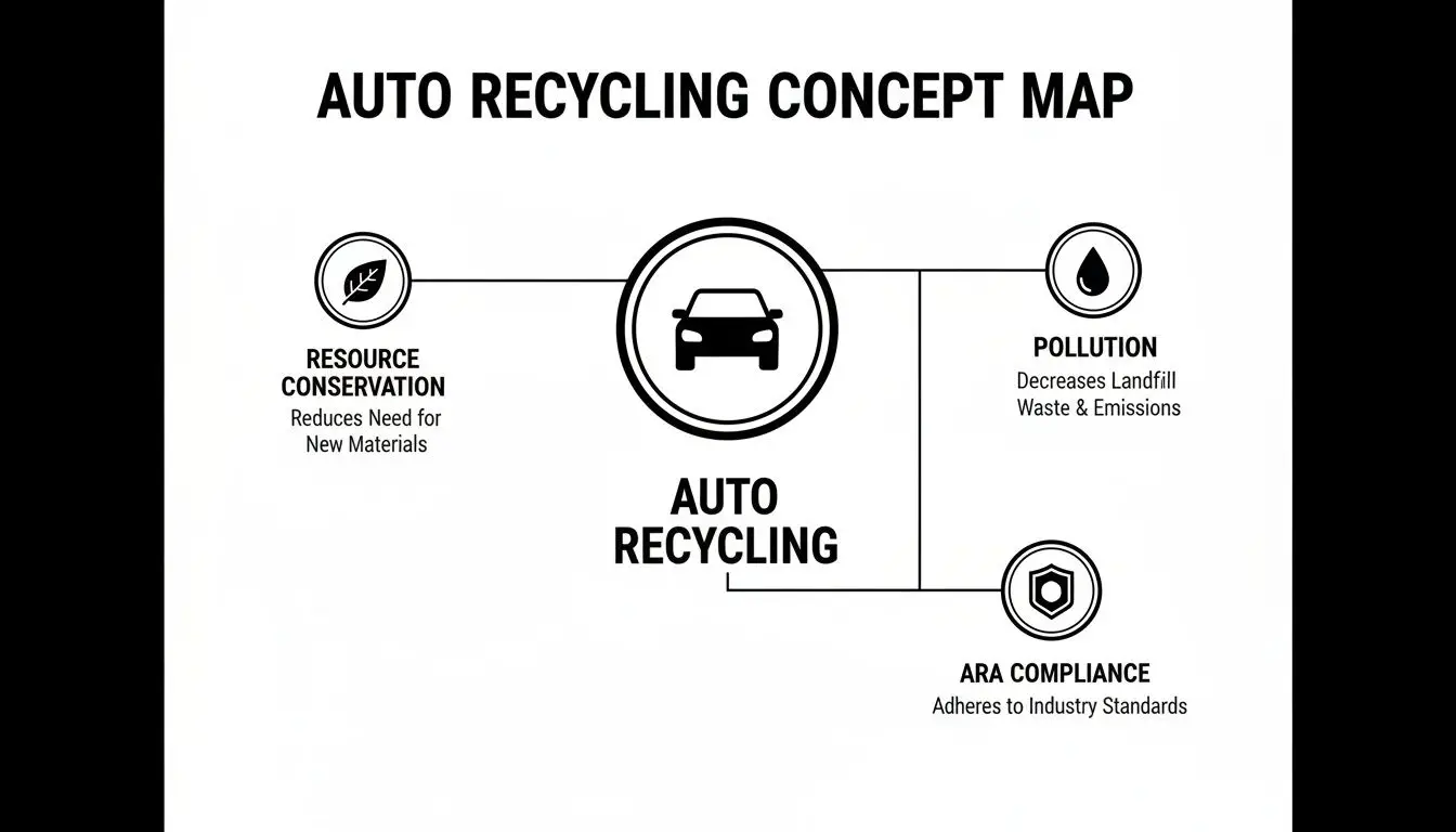 Concept map illustrating the benefits of auto recycling: resource conservation, pollution reduction, and ARA compliance.