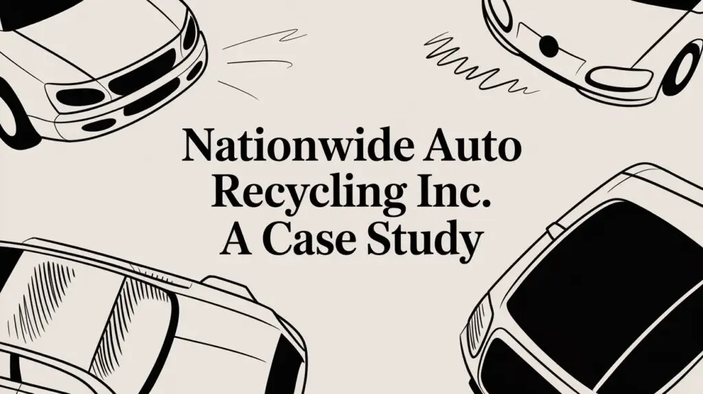 Illustration of four cars from different angles surrounding the text "Nationwide Auto Recycling Inc. A Case Study" on a light background.