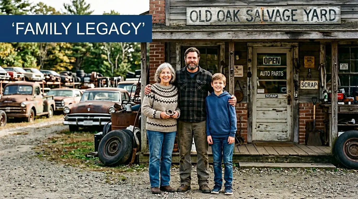 A smiling multigenerational family stands proudly in front of their Old Oak Salvage Yard.