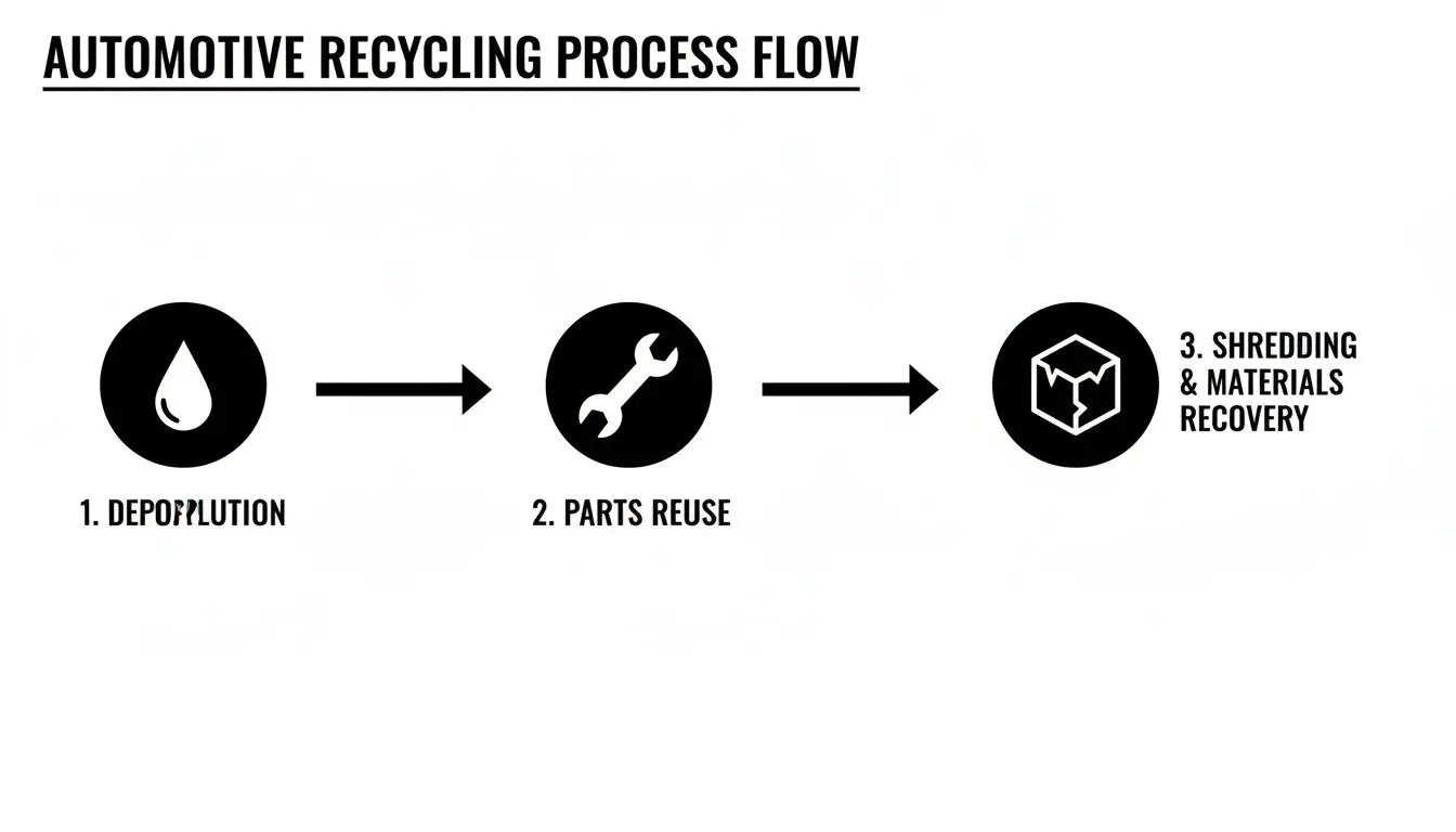 A clear process flow diagram illustrating the three steps of automotive recycling: depollution, parts reuse, and material recovery.