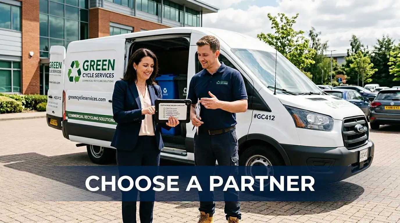 Businesswoman and recycling service professional review checklist next to a Green Cycle Services van.