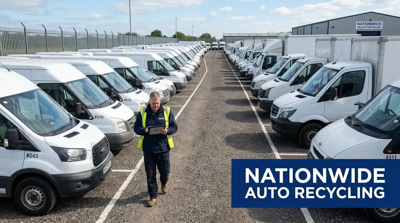 A man inspects a large fleet of white commercial vans at a Nationwide Auto Recycling facility.