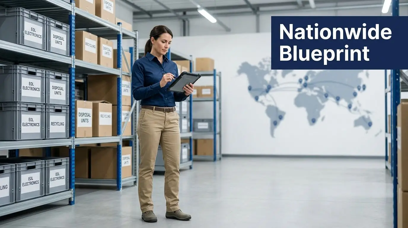 Woman in a warehouse using a tablet, surrounded by recycling units, with a global blueprint map.