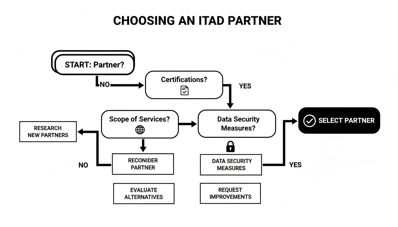 Flowchart illustrating the process of choosing an ITAD partner, covering certifications, scope of services, and data security measures.