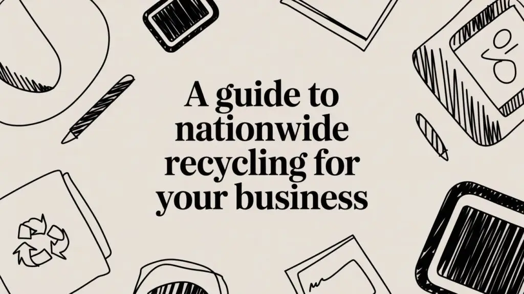 Illustrated office items surround the bold text "A guide to nationwide recycling for your business" on a beige background.