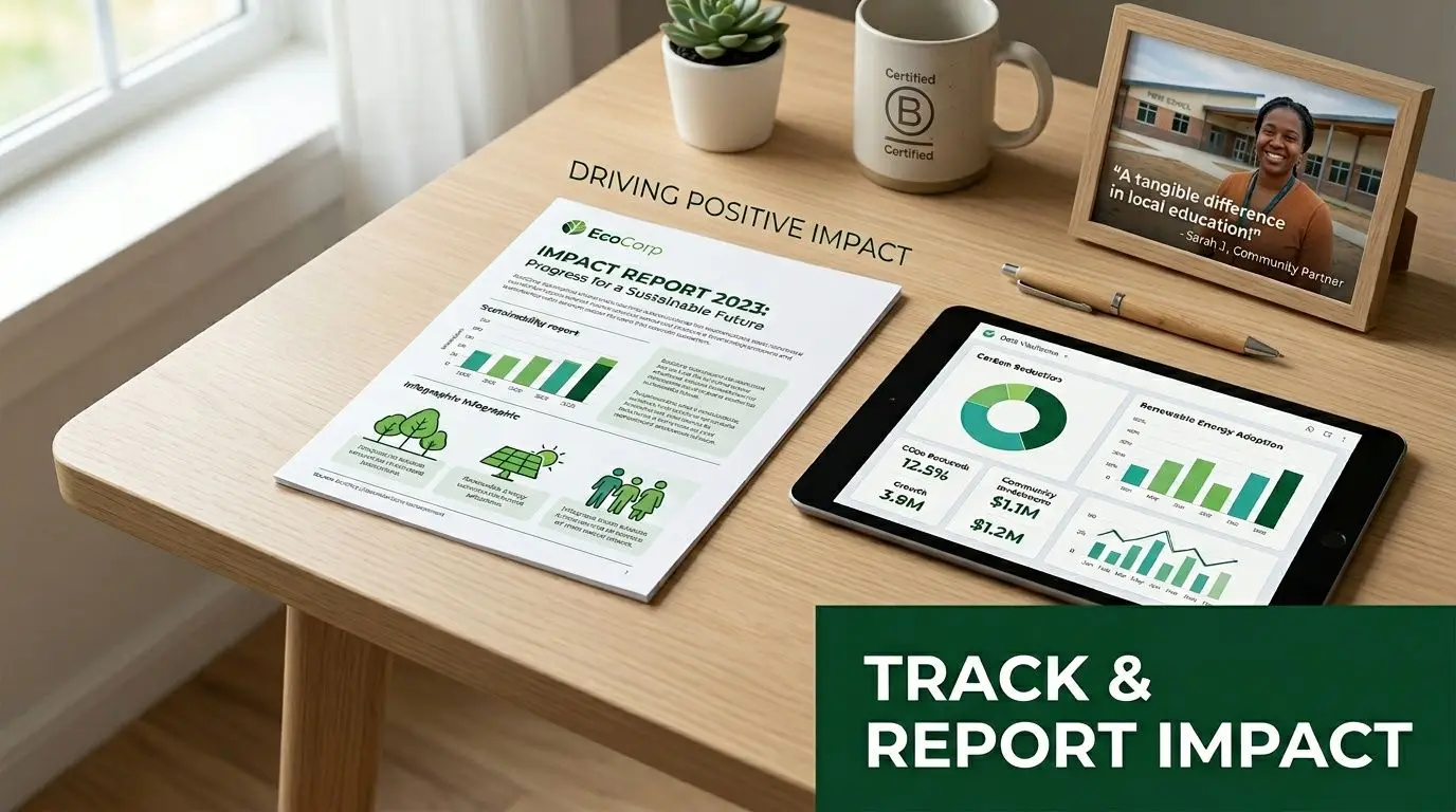 Desk with an EcoCorp Impact Report and a tablet displaying sustainability data dashboards, emphasizing positive impact.