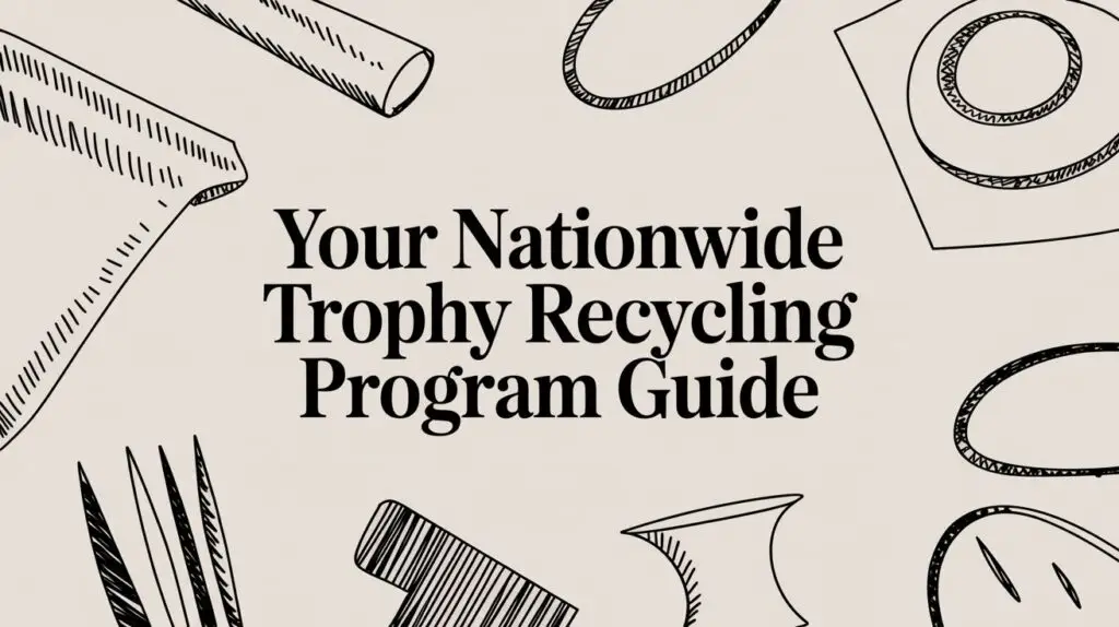 Black text saying "Your Nationwide Trophy Recycling Program Guide" is centered on a light background. Around the text are simple, black line drawings of trophy parts and shapes.