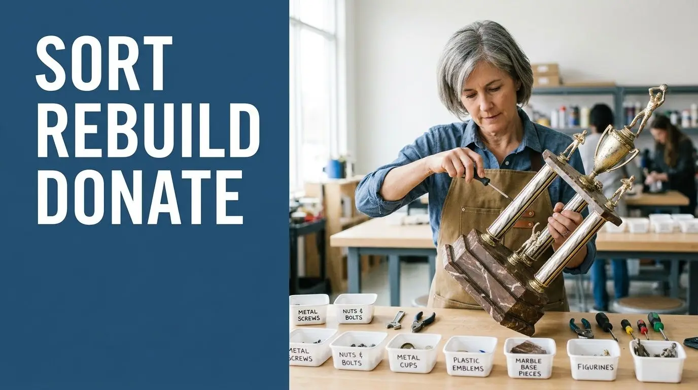 A woman disassembles a large trophy in a workshop, sorting parts into labeled bins.